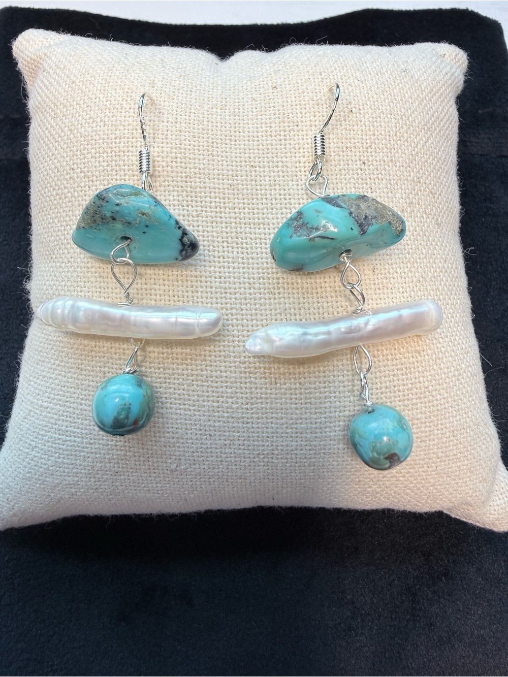 Turquoise and Biwa Pearl Drop Earrings - Blue/White Chandelier Tiered